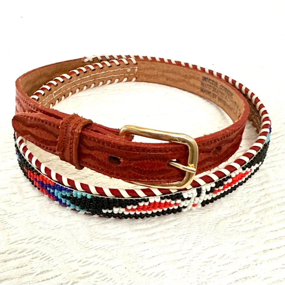 Vintage Brown Leather Belt with Multicolor Beadwork